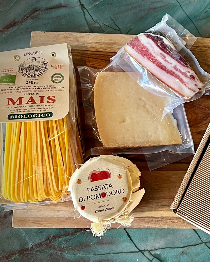 coffret recette pasta amatriciana, simone zanoni, guanciale e tomates, sans gluten