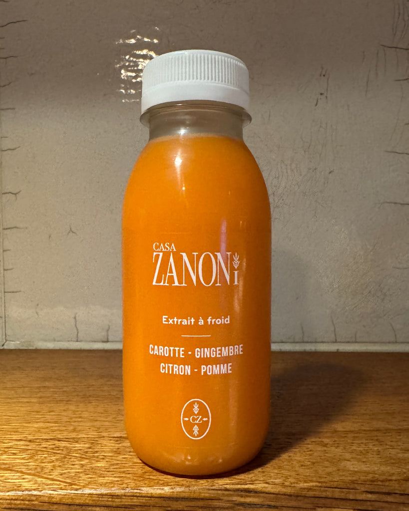 extrait à froid carotte, gingembre, citron et pomme, epicerie casa zanoni